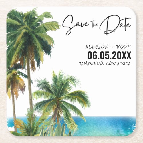 Beach Wedding Palm Tree Save the Date Square Paper Coaster