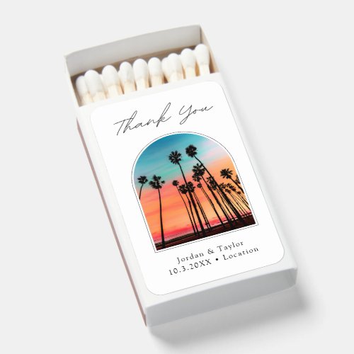 Beach Wedding Palm Tree Sunset Photo Thank You Matchboxes