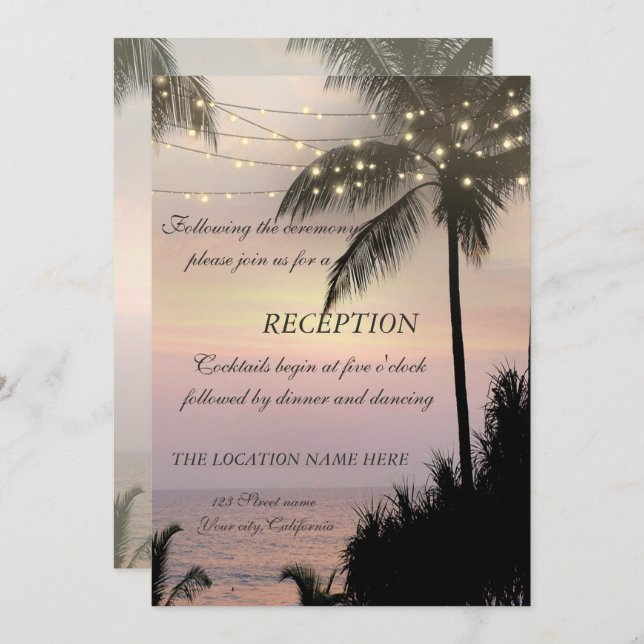 Beach  Wedding Palms Sunset  Reception Invitation (Front/Back)