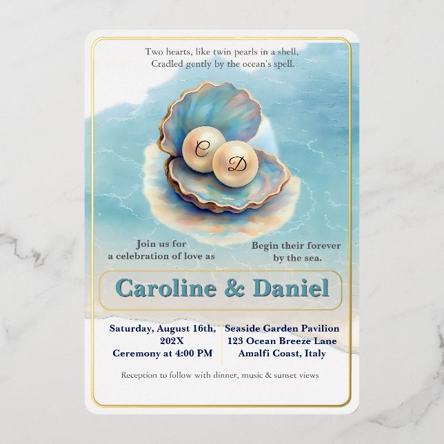Beach Wedding Pearls Shell Elegant Ocean Theme  Foil Invitation (Front)