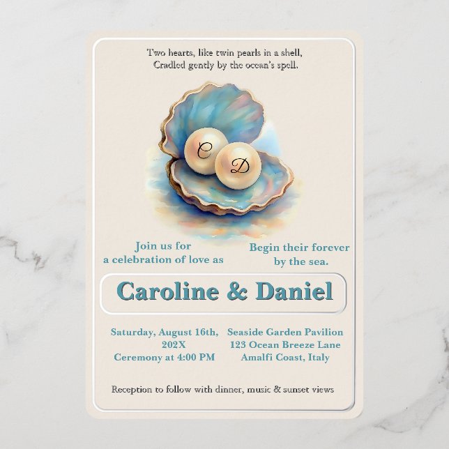 Beach Wedding Pearls Shell Elegant Ocean Theme  Foil Invitation (Front)