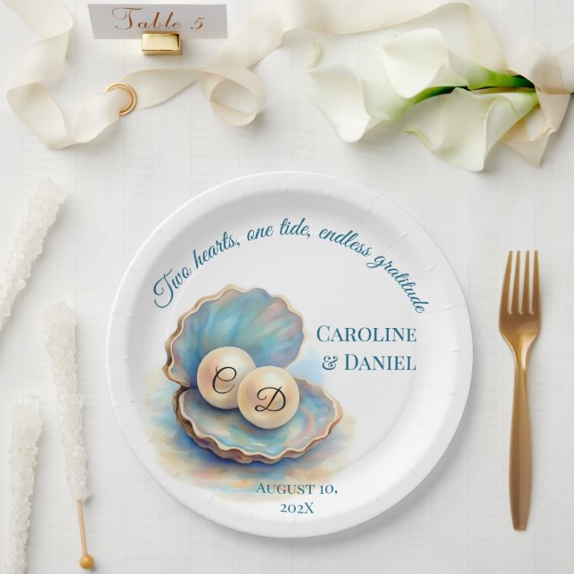 Beach Wedding Pearls Shell Elegant Ocean Theme  Paper Plates (Wedding)