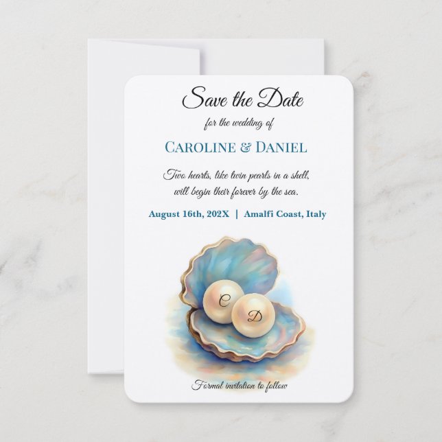 Beach Wedding Pearls Shell Elegant Ocean Theme  Save The Date (Front)