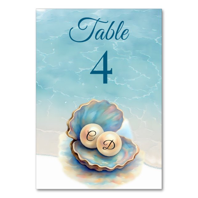 Beach Wedding Pearls Shell Elegant Ocean Theme  Table Number (Front)