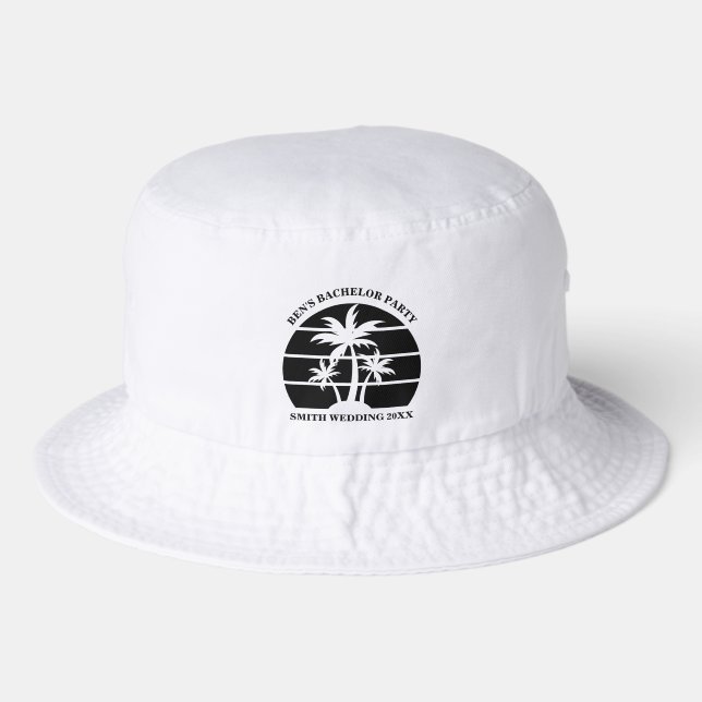 Beach Wedding Personalized Black White Palm Trees Bucket Hat (Front)