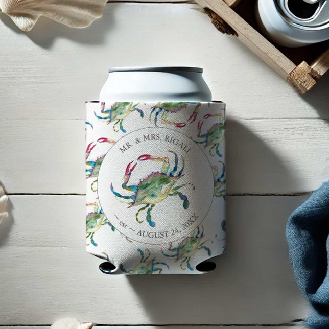 Beach Wedding Personalized Can Coolers (Beach wedding can coolers watercolor crab art by Victoria Grigaliunas Do Tell A Belle Personalized)