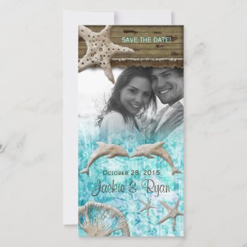 Beach Wedding Photocard Dolphins Blue Shells Save The Date by WeddingShop88 at Zazzle
