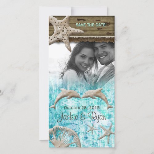 Beach Wedding Photocard Dolphins Blue Shells Save The Date