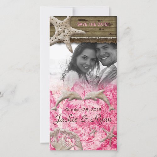 Beach Wedding Photocard Dolphins Pink Shells Save The Date