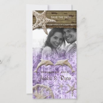 Beach Wedding Photocard Dolphins Purple Shells Save The Date by WeddingShop88 at Zazzle