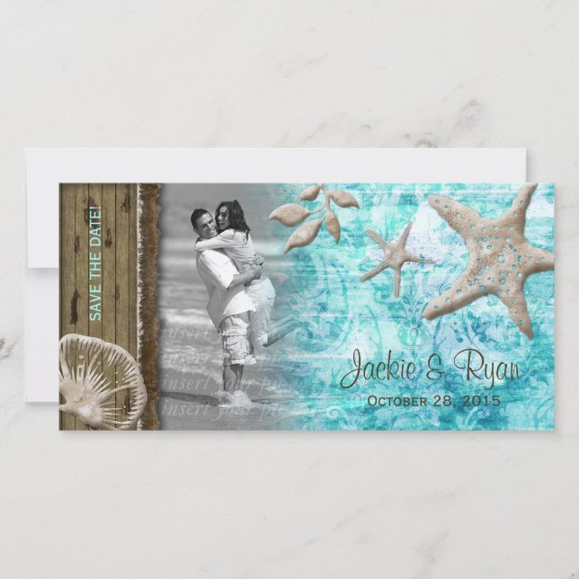 Beach Wedding Photocard Seashell Blue Wood Save The Date (Front)