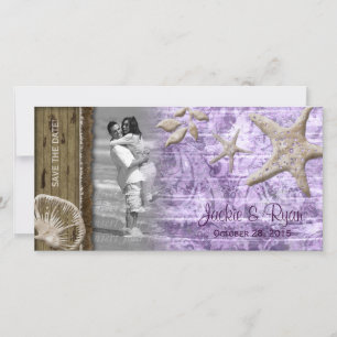 Beach Wedding Photocard Seashell Purple Wood Save The Date