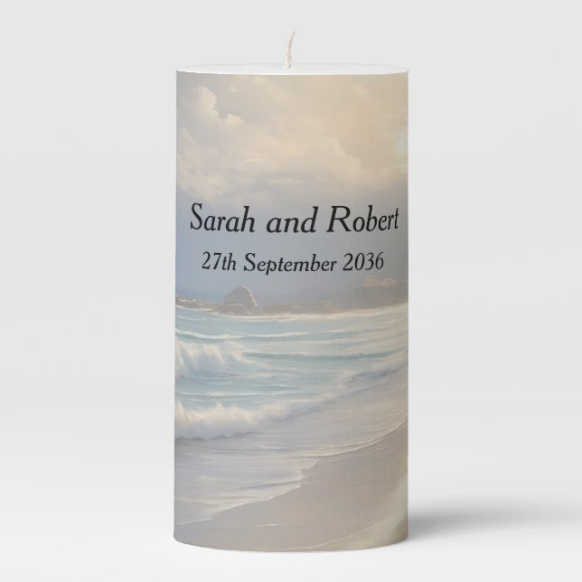 Beach Wedding Pillar Candle (Front)