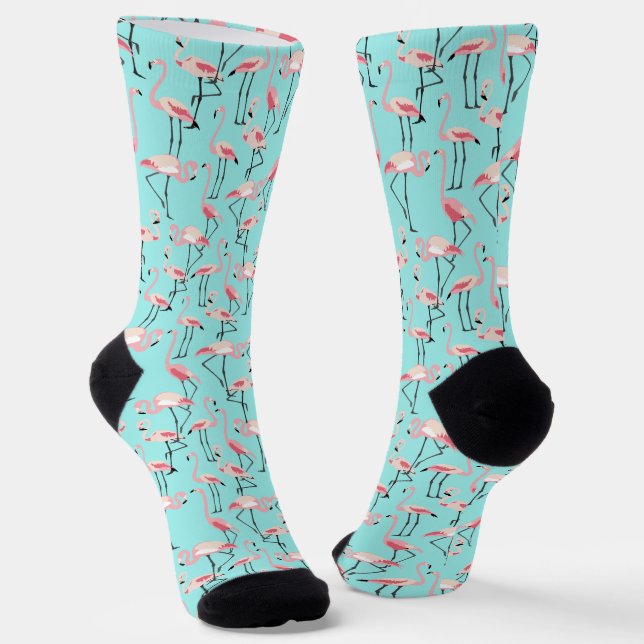 Beach Wedding Pink Blue Flamingo Pattern Socks (Angled)