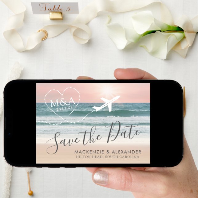Beach Wedding Pink Ocean Sunset Save The Date (Front Digital)