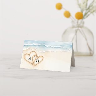 Beach Wedding Place Card with Sand Hearts Design