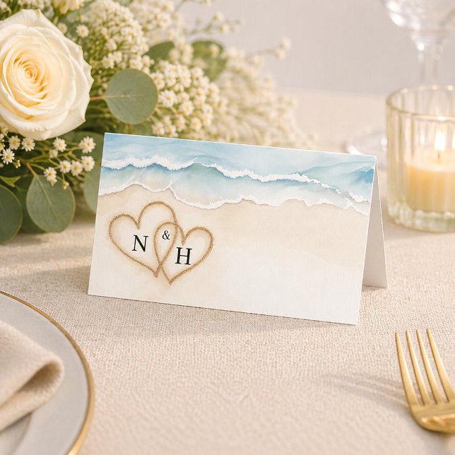 Beach Wedding Place Card with Sand Hearts Design (Table Card)