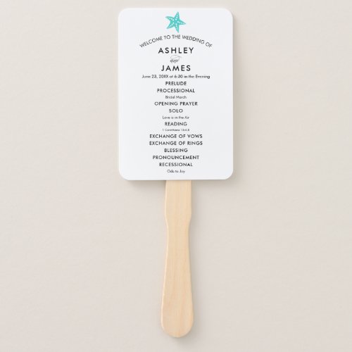 Beach Wedding Program Fan with Starfish Turquoise