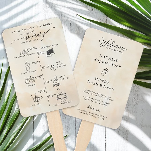 Beach Wedding Program Hand Fan with Itinerary Time (Wedding Program & Timeline Hand Fan)