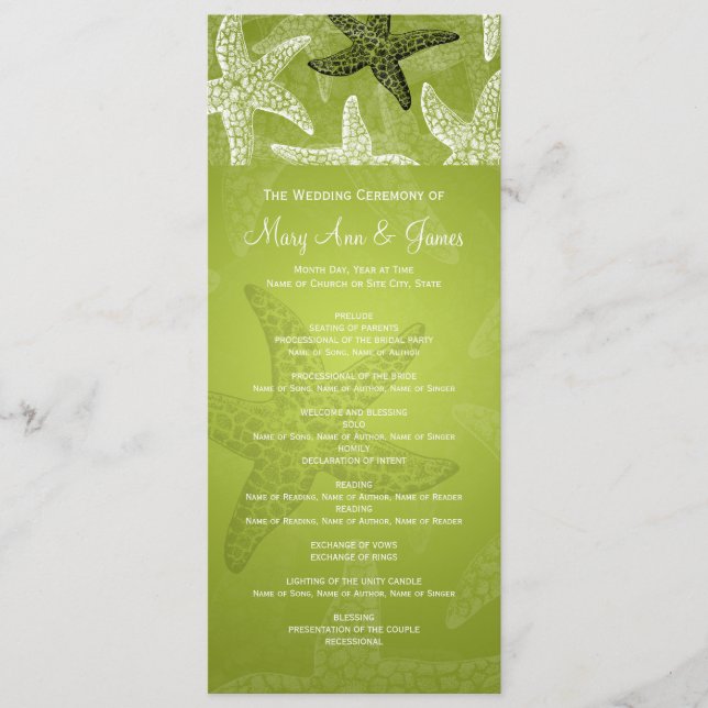 Beach Wedding Program Starfish Lime Green (Front)