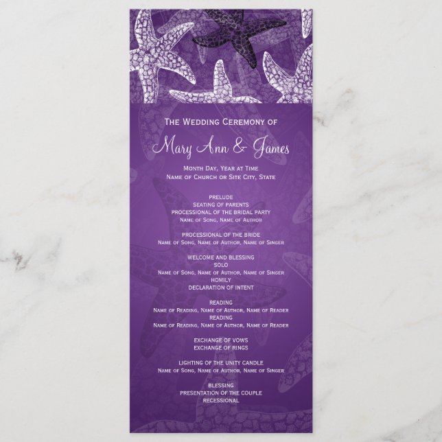 Beach Wedding Program Starfish Purple (Front)