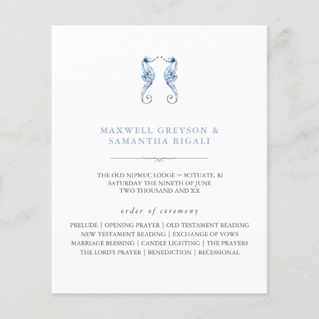 Beach Wedding Program Watercolor Seahorses (Front)