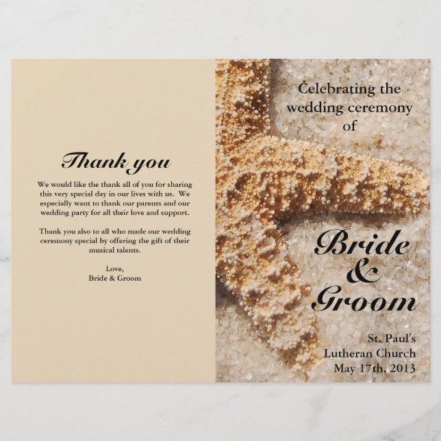 Beach Wedding Programs:  Starfish in Sand (Front)