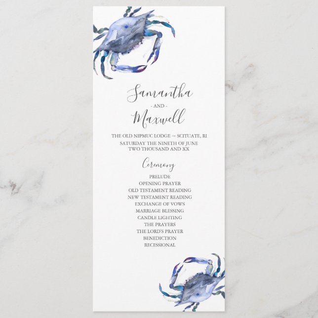Beach Wedding Programs Watercolor Crab (Front)