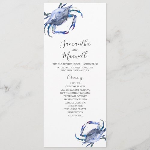 Beach Wedding Programs Watercolor Crab