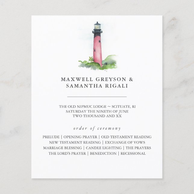 Beach Wedding Programs Watercolor Lighthouse (Front)