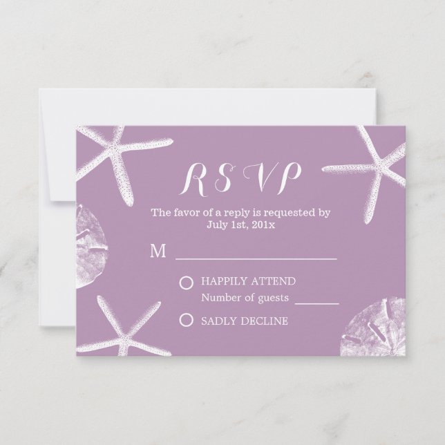 Beach Wedding Purple Starfish & Sand Dollar RSVP Card (Front)