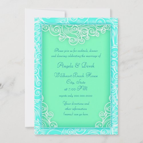Beach Wedding Reception Aqua and Green Waves Custom Invite