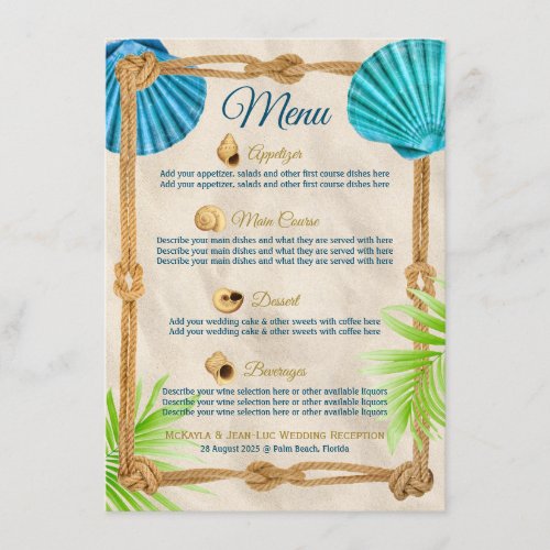 Beach Wedding Reception Dinner Seashell Rope Palm Menu