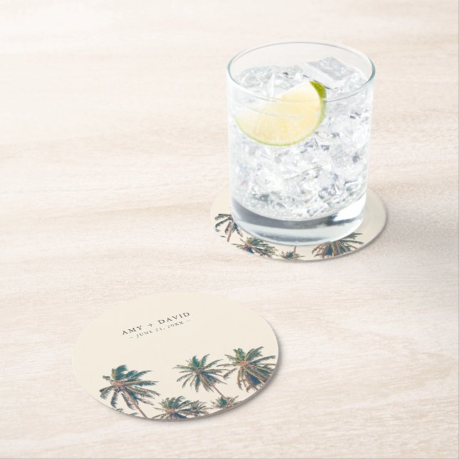 Beach Wedding Reception Palm Tree Personalized Round Paper Coaster (Insitu)