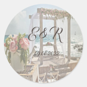 Beach Wedding Retro Arbor Classic Round Sticker