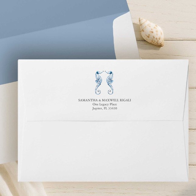 Beach Wedding Return Address Envelope Seahorses (Beach wedding return address envelopes watercolor seahorses in shades of blue)