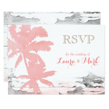 Beach Wedding RSVP Card Coral Palm Trees Wood Beach Wedding RSVP Card Coral Palm Trees Wood