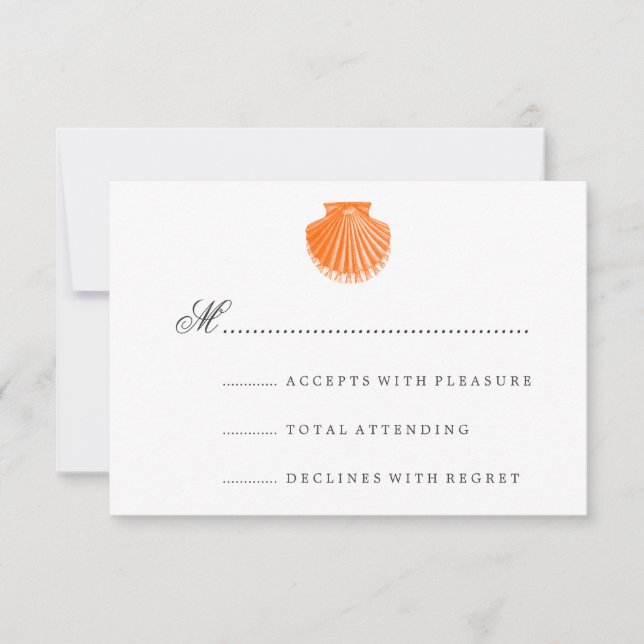 Beach Wedding RSVP Scallop Shell Orange Card (Front)