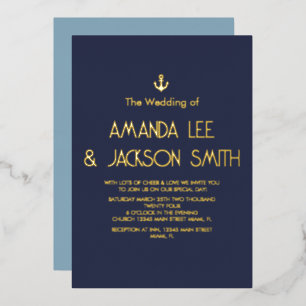 Beach Wedding Sailor Gold Anchor Wedding Blue Tone Foil Invitation