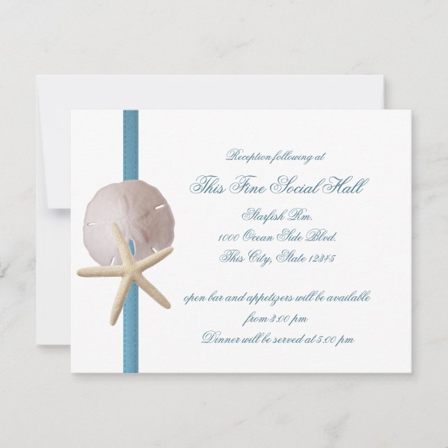 Beach Wedding Sand Dollar and Starfish Reception Invitation (Front)