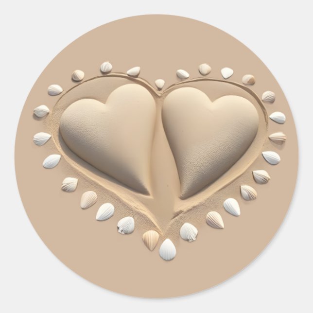 Beach Wedding Sand Hearts- Classic Round Sticker (Front)