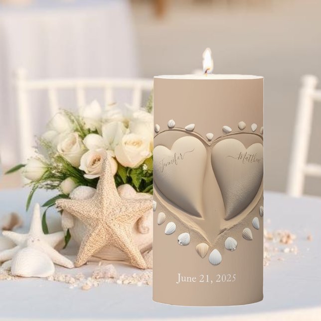Beach Wedding Sand Hearts Pillar Candle (Beach Wedding Sand Hearts Pillar Candle )