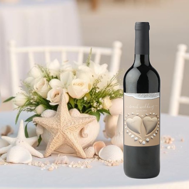 Beach Wedding Sand Hearts Wine Label (Beach Wedding Sand Hearts Wine Label)