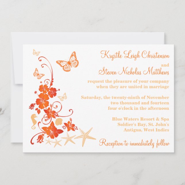 Beach Wedding | Sand, Orange, White | Flowers Invitation (Front)