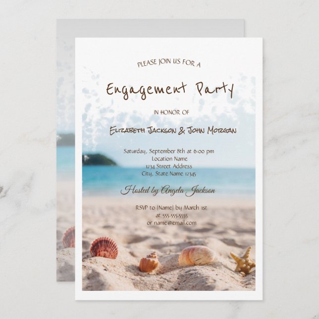 Beach Wedding,Sand, Seashells Engagement Invitation (Front/Back)