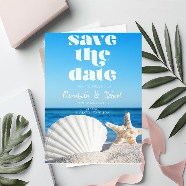Beach Wedding,Sand,White Seashells Save The Date (Creator Uploaded)