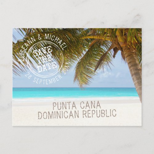 Beach Wedding Sandy Palm Tree Save the Date Announcement Postcard