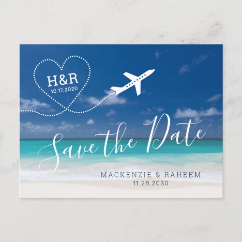 Beach Wedding Save the Date Airplane Destination Announcement Postcard