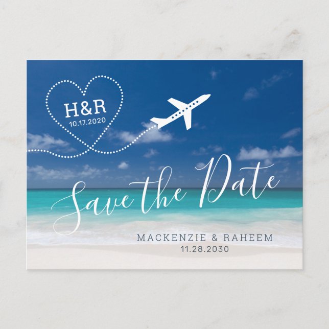 Beach Wedding Save the Date Airplane Destination Announcement Postcard (Front)
