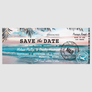 Beach Wedding Save the Date Boarding Pass Tickets